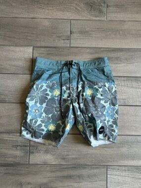 RVCA Teal Floral Board Shorts with Yellow Accents